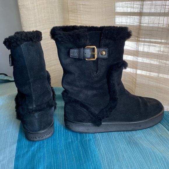 Louis Vuitton Black Fur-Trimmed Boots suede slip on ankle booties 36 - Picture 1 of 13